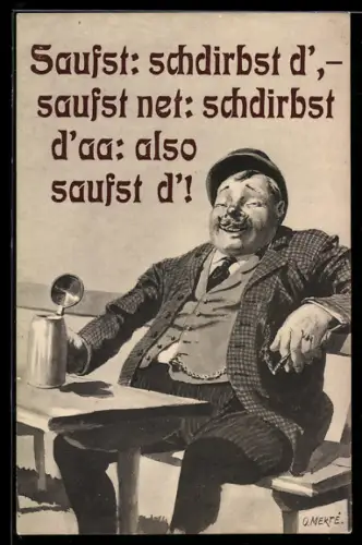 Künstler-AK O.Merte: Mann mit Bierkrug und Zigarre auf einer Bank
