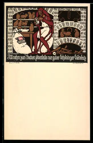 Künstler-AK Schöningen, Reklame für Schöninger Siedesalz, Till Eulenspiegel in der Backstube