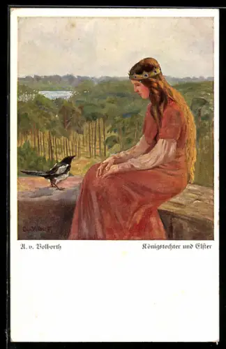 Künstler-AK sign. A v. Bolborth: Königstochter mit einer Elster