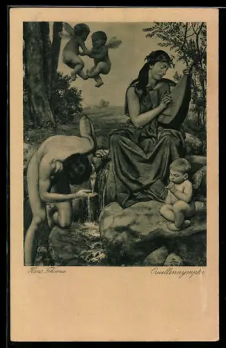 Künstler-AK Hans Thoma: Quellennymphe und kleine Engel