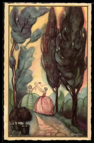 Künstler-AK Carlo Chiostri: zwei Damen in weiten Kleider auf Weg mit Bäumen