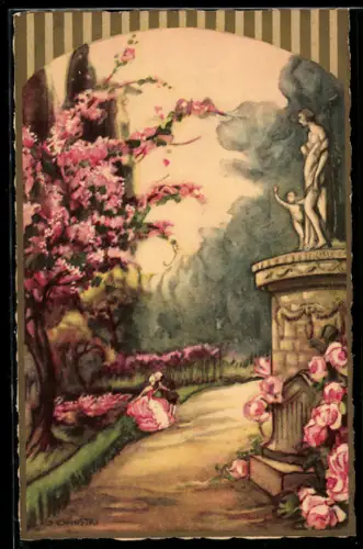 Künstler-AK Carlo Chiostri: Pärchen im Park vor Statue