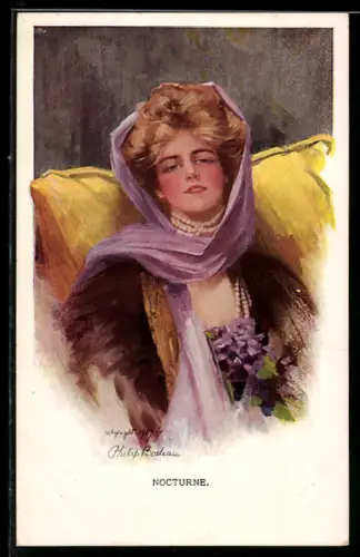 Künstler-AK Philip Boileau: Nocturne, Junge Dame mit Kopftuch u. Blumen