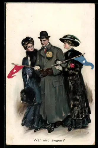 Künstler-AK Clarence F. Underwood: Wer wird siegen, junge Damen mit Herren beim Sport