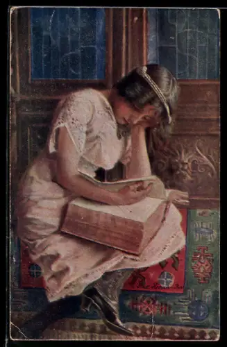 Künstler-AK Arno von Riesen: Der Bücherwurm, Kind mit einem dicken Buch