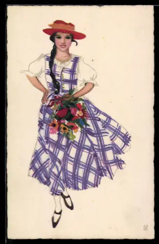 Künstler-AK Mädchen mit Blumen in kariertem Sommerkleid, Jugendstil