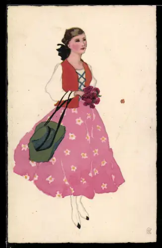 Künstler-AK Meissner & Buch (M&B) Nr. 2387: Fräulein im geblümten Rock mit Weste