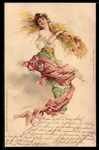 Glitzer-Perl-AK Junge hübsche Dame mit Blumen im Haar trägt Getreide auf der Schulter, Im Jugendstil