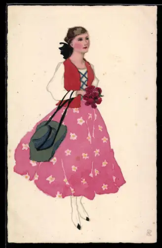 Künstler-AK Meissner & Buch (M&B) Serie 2387: Hübsche junge Frau mit Rosenstrauss, Art Deco