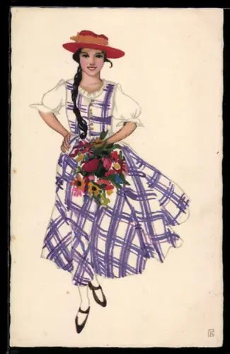 Künstler-AK Mädchen mit Blumen in kariertem Sommerkleid, Jugendstil