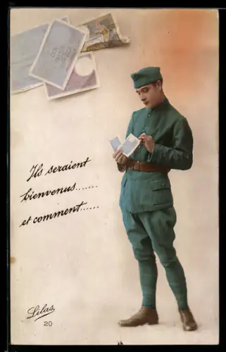 AK Soldat mit Francs-Scheinen in der Hand