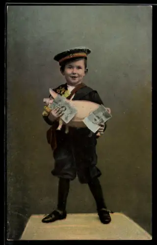 AK Kleiner Junge mit Ferkel und Geldscheinen