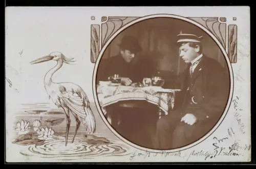 Foto-AK Zwei Männer beim Trinken im Passepartout mit Reiher