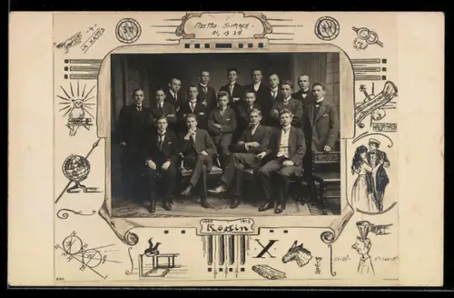 Foto-AK Gruppenbild von Schülern im Passepartout mit Schulmotiven