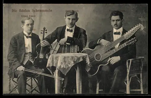 AK Die fidelen Schrammeln, Ernst Faust, Otto Widl und Perry Hennig