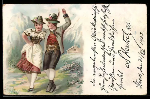 Lithographie Paar in Trachten beim Tanzen
