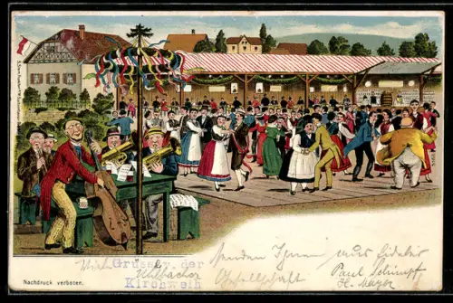 Künstler-AK Volksfest mit Musikanten und Tanz auf der Diele