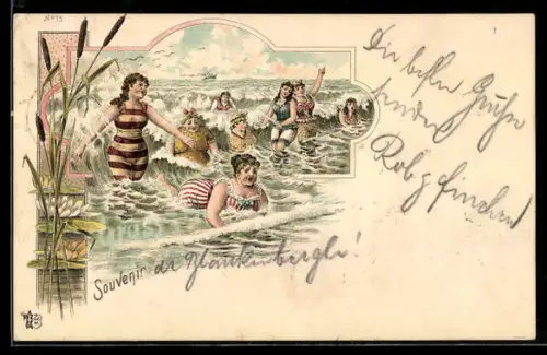 Lithographie Damen in Badeanzügen im flachen Wasser