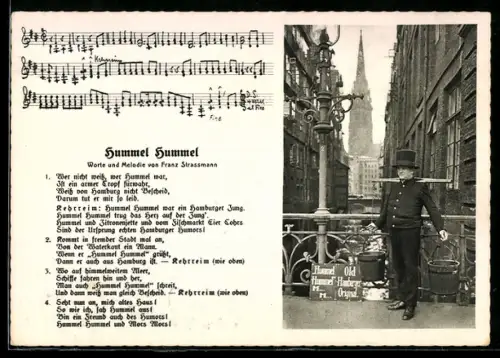 AK Hamburg, Partie auf einer Brücke mit Lied Hummel hummel von Franz Strassmann