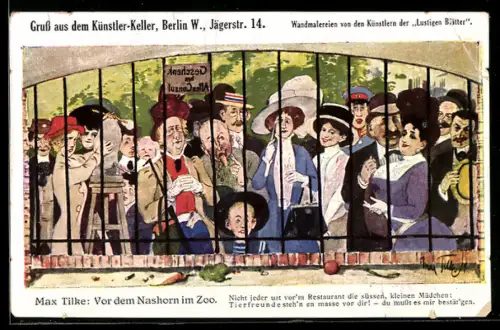 Künstler-AK Berlin, Künstler-Keller, Jägerstrasse 14, Wandmalerei von Max Tilke, Vor dem Nashorn im Zoo