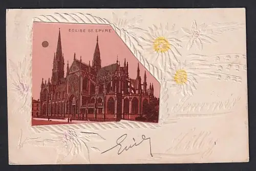 Papierkunst-AK Eglise St. Epure mit Margheriten im Passepartout