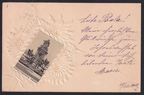 Papierkunst-AK Maria-Theresia Monument mit Margheriten im Passepartout