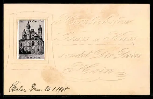 Papierkunst-AK Köln, Kirche St. Aposteln mit hervorstehendem Passepartout
