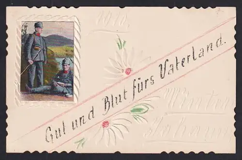 Papierkunst-AK Österreichische Soldaten in Uniform mit Blumen im Passepartout, Gut und Blut fürs Vaterland