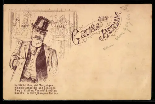 Vorläufer-AK Berlin, 1891, Vornehmer Herr im Anzug mit Zylinder vor Café