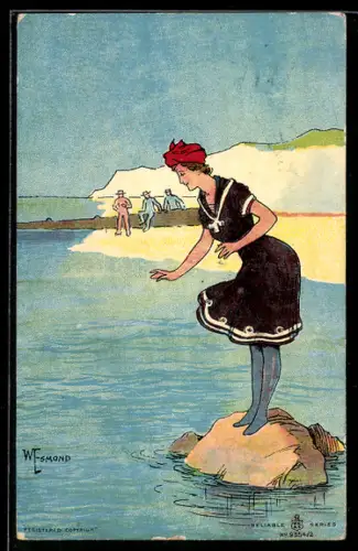 Künstler-AK sign. W. Esmond: Hübsche Frau im Badeanzug steht auf einem Felsen im Wasser