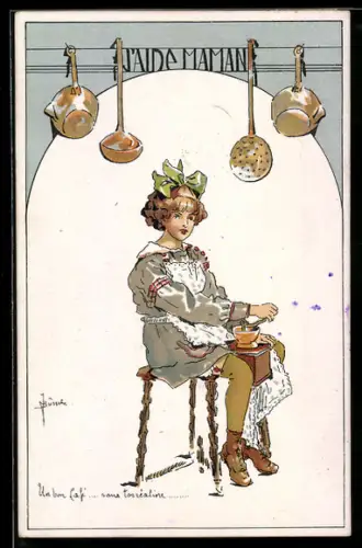 Künstler-AK Junges Mädchen mahlt Kaffee um seine Mutter zu unterstützen