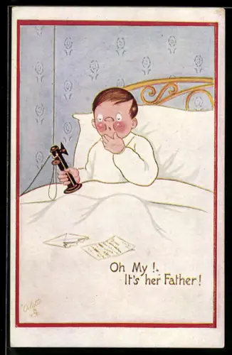 AK Junge sitzt mit Telefon und Briefen im Bett