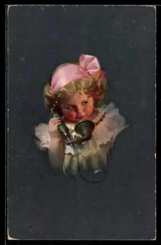 AK Junges Kind mit Schleife in den Haaren am Telefonhörer