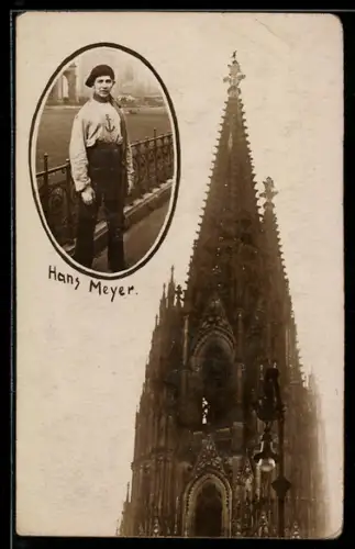 AK Varietekünstler Hans Meyer in Verkleidung neben Kirchturm