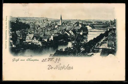 AK Kempten, Stadtansicht mit Kirche und Fluss