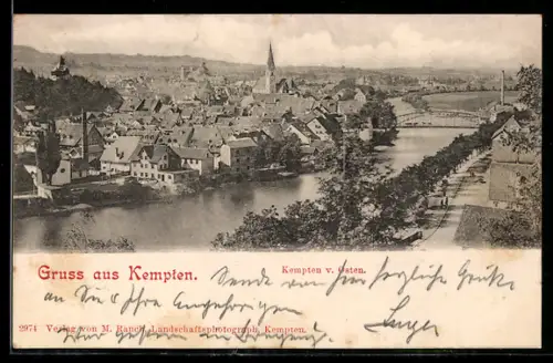 AK Kempten, Ansicht von Osten, Stadtpanorama, Fluss, Brücke