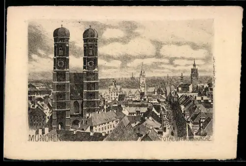 Künstler-AK München, Totalansicht mit Frauenkirche