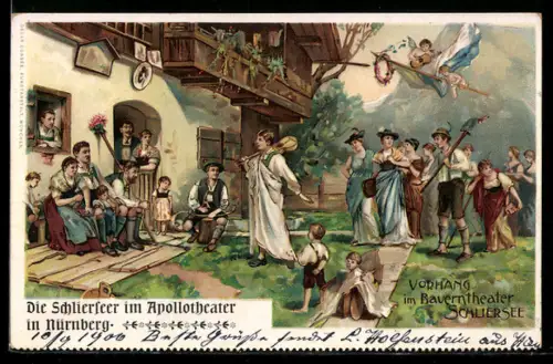 Lithographie Nürnberg, Die Schlierseer im Apollotheater, Vorhang im Bauerntheater Schliersee