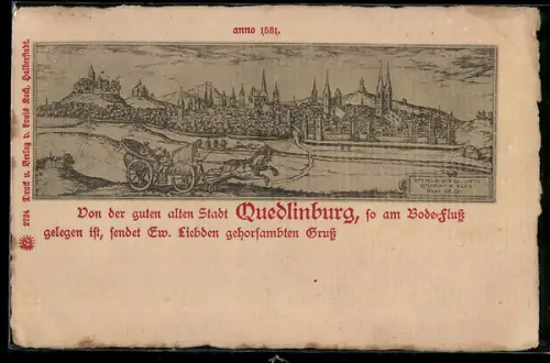 AK Quedlinburg, Stadtansicht anno 1581, Bode-Fluss, Pferdewagen