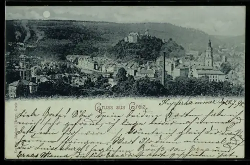 Mondschein-AK Greiz, Stadtansicht mit Schloss und Kirche