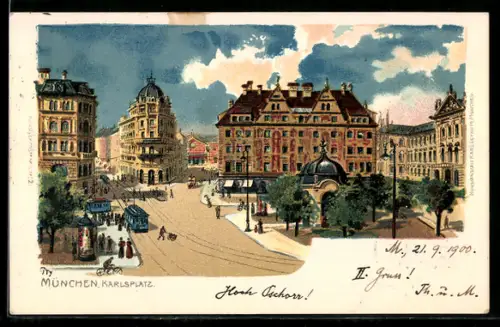 Lithographie München, Karlsplatz mit Strassenbahn