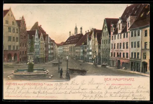 Lithographie Landsberg a. Lech, Hauptplatz mit Herkomerstrasse, Brunnen