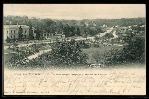 AK Wiesbaden, Neue Anlagen, Bergbahn, Beausite im Nerothal