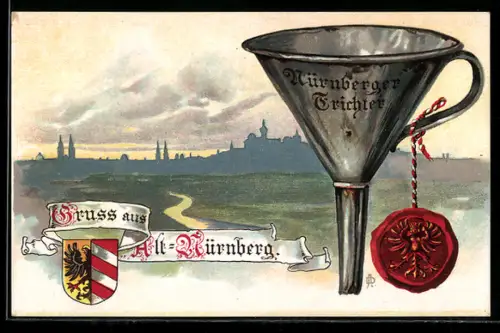 Lithographie Nürnberg, Nürnberger Trichter, Stadtansicht, Wappen