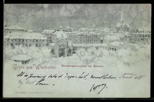 AK Wiesbaden, Kochbrunnenplatz im Schnee