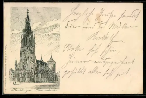 Lithographie Reutlingen, Blick zur Marienkirche