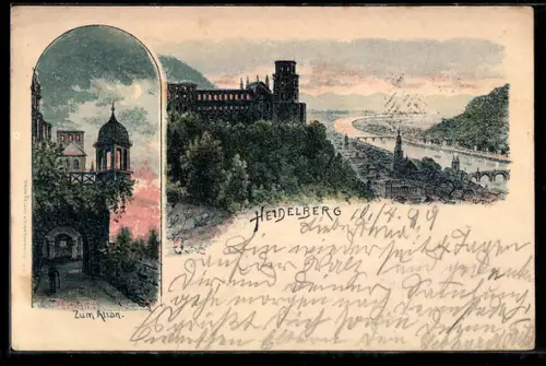 Lithographie Heidelberg, Schloss und Zum Altan
