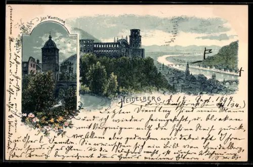 Lithographie Heidelberg, Schloss, Wartturm, Flussansicht