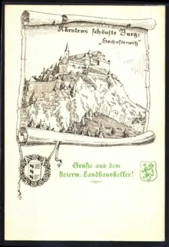 Künstler-AK Hochosterwitz /Kärnten, Burg auf Felssporn, Wappen