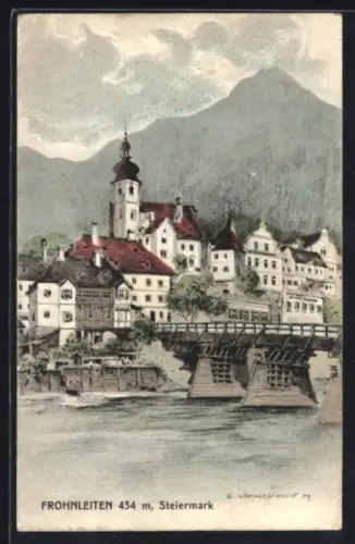 AK Frohnleiten /Steiermark, Ortspanorama mit Fluss, Brücke und Kirche